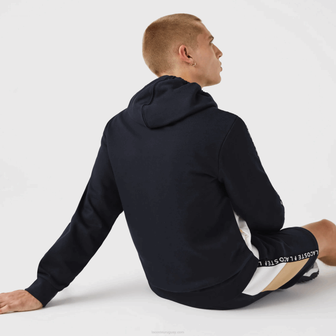 azul marino blanco beige e8t VVL0A997 hombres Lacoste sudadera con capucha, cremallera y letras color block