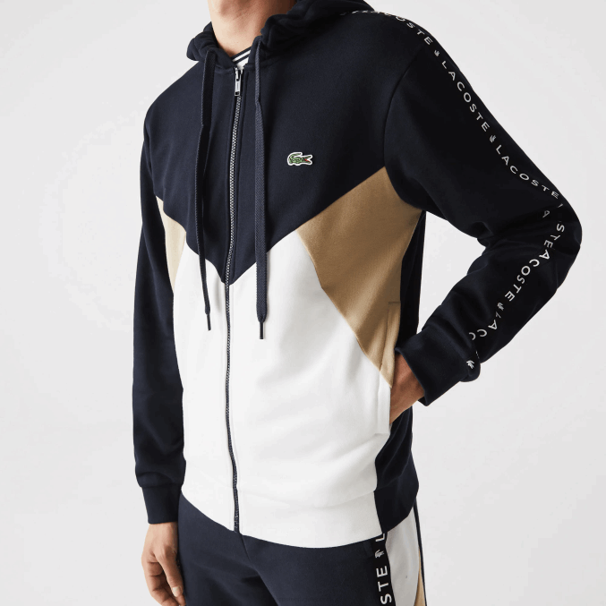 azul marino blanco beige e8t VVL0A997 hombres Lacoste sudadera con capucha, cremallera y letras color block