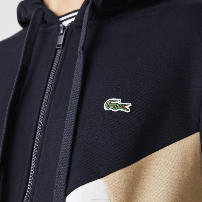azul marino blanco beige e8t VVL0A997 hombres Lacoste sudadera con capucha, cremallera y letras color block