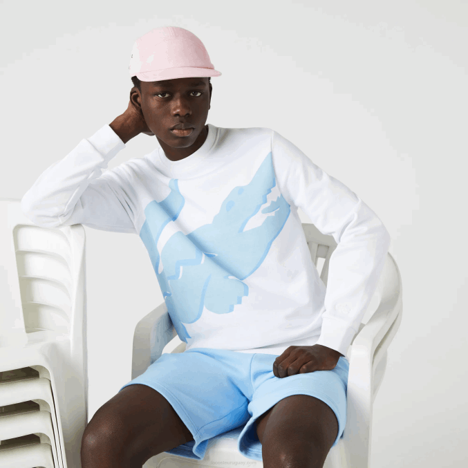 blanco 001 VVL0A1075 hombres Lacoste sudadera de felpa con cuello redondo y estampado de algodón orgánico