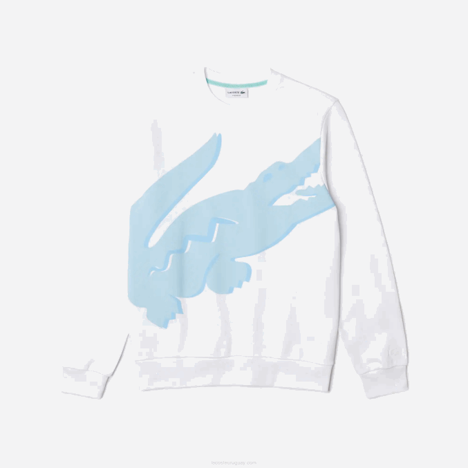 blanco 001 VVL0A1075 hombres Lacoste sudadera de felpa con cuello redondo y estampado de algodón orgánico