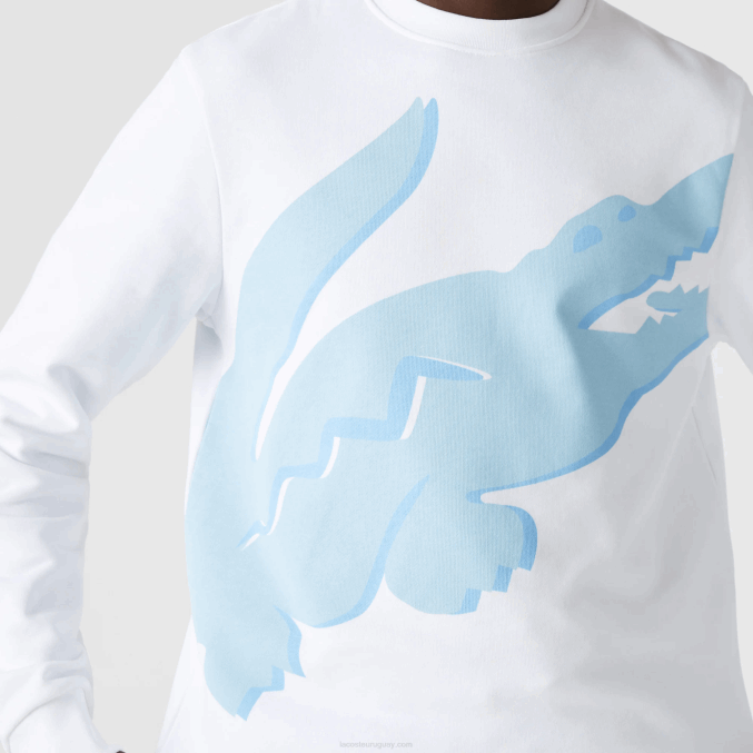 blanco 001 VVL0A1075 hombres Lacoste sudadera de felpa con cuello redondo y estampado de algodón orgánico