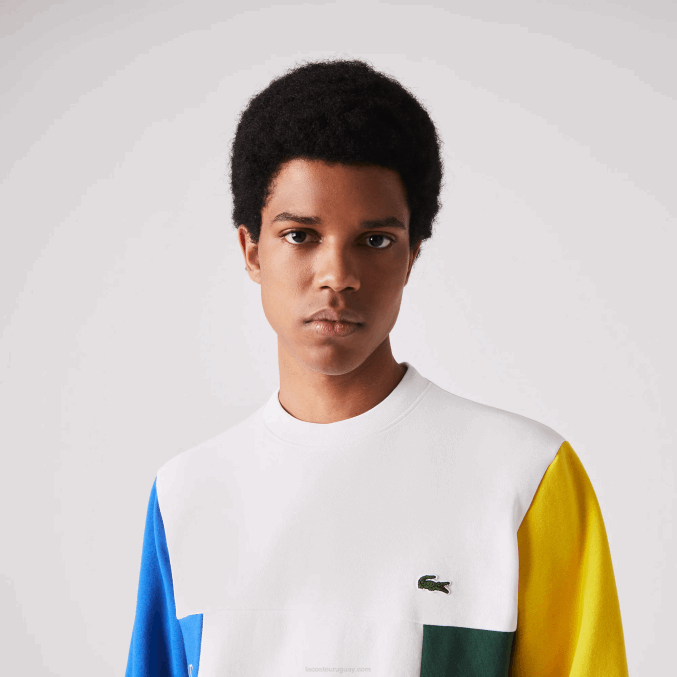 blanco azul amarillo verde 8nr VVL0A1159 hombres Lacoste sudadera con cuello redondo y diseño colour block