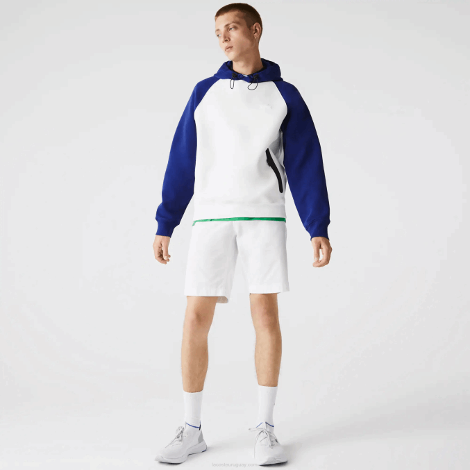 eme blanco azul VVL0A1190 hombres Lacoste sudadera bicolor con capucha y bolsillo con cremallera en contraste