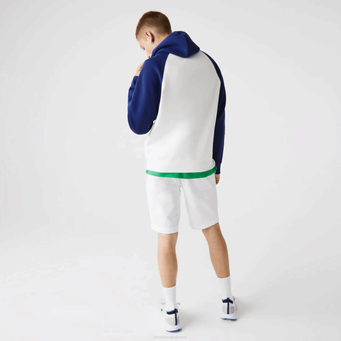 eme blanco azul VVL0A1190 hombres Lacoste sudadera bicolor con capucha y bolsillo con cremallera en contraste