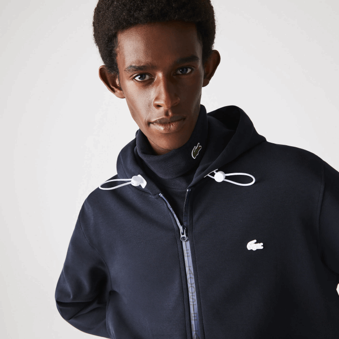 fondo azul marino VVL0A1177 hombres Lacoste sudadera con cremallera y capucha en mezcla de algodón