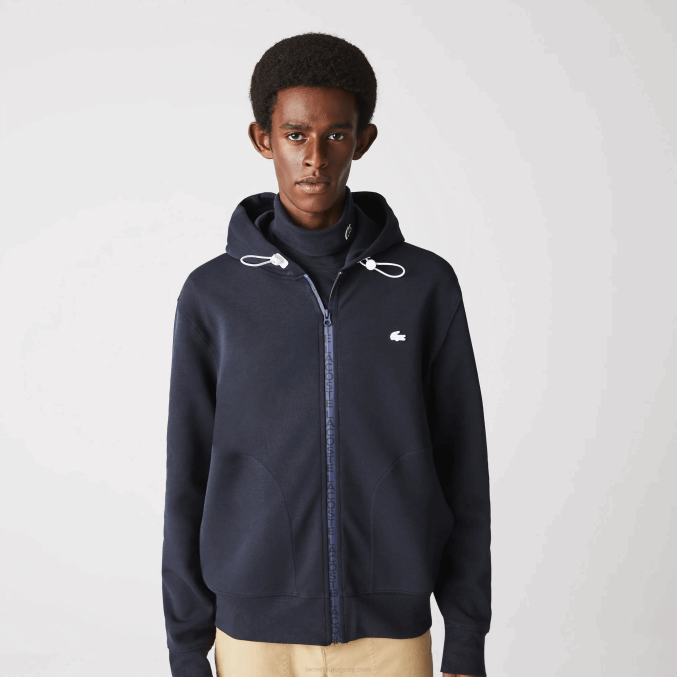 fondo azul marino VVL0A1177 hombres Lacoste sudadera con cremallera y capucha en mezcla de algodón