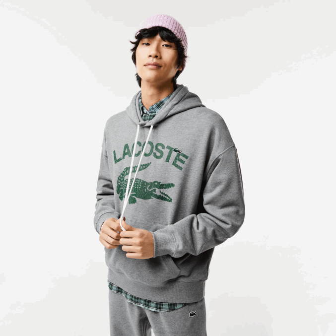 lomo gris yrd VVL0A969 hombres Lacoste sudadera holgada con capucha y diseño de cocodrilo