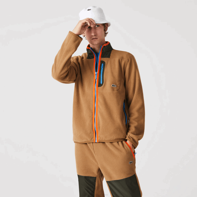 marrón caqui verde 89f VVL0A979 hombres Lacoste sudadera de polar con cremallera y ajuste holgado