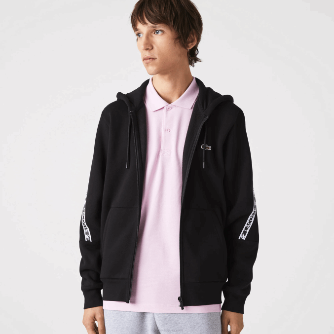 negro 031 VVL0A1240 hombres Lacoste sudadera con capucha y bandas estampadas