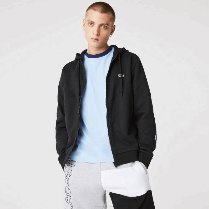 negro 8vm VVL0A998 hombres Lacoste sudadera con capucha, cremallera y letras color block