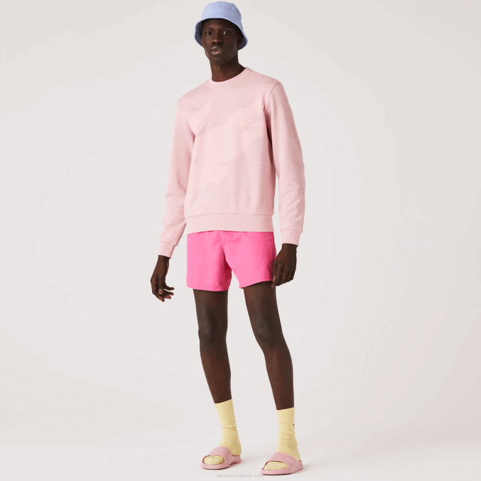 rosa VVL0A1074 hombres Lacoste sudadera de felpa con cuello redondo y estampado de algodón orgánico