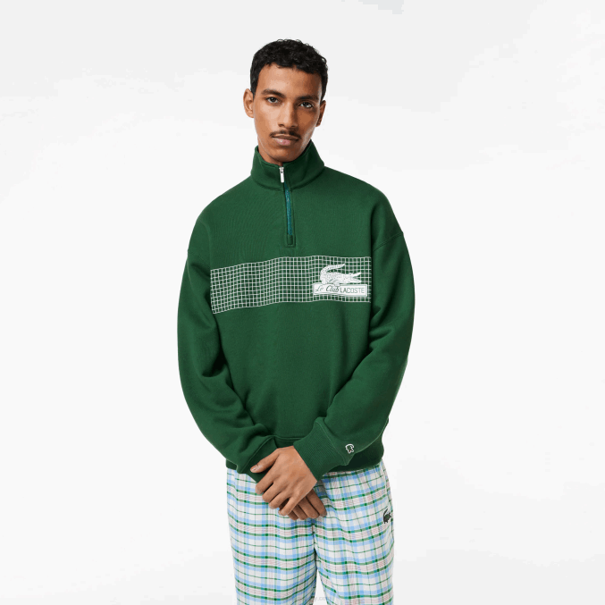 verde 132 VVL0A284 hombres Lacoste sudadera holgada de algodón orgánico con cremallera en el cuello