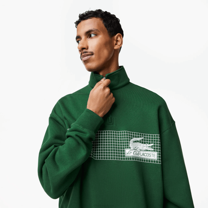 verde 132 VVL0A284 hombres Lacoste sudadera holgada de algodón orgánico con cremallera en el cuello