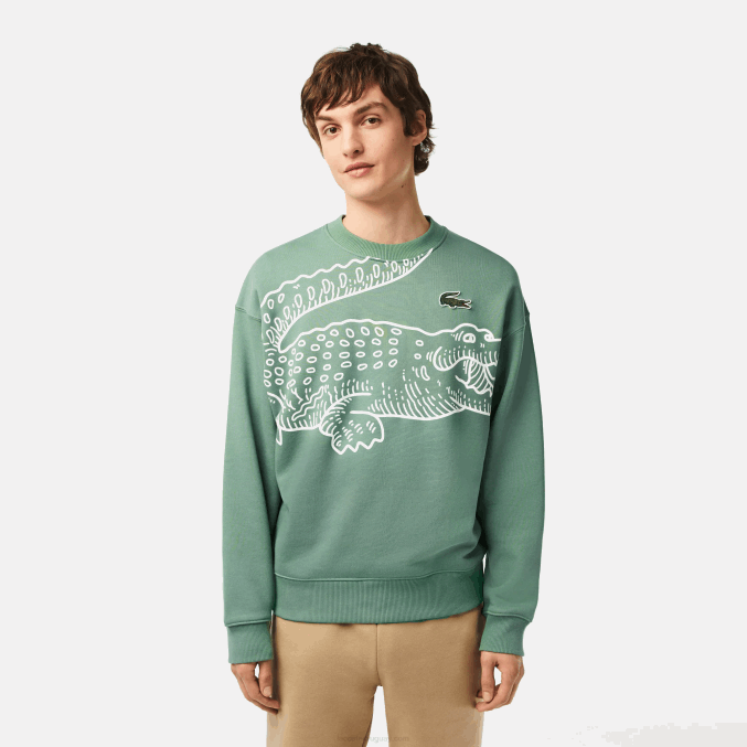 verde caqui kx5 VVL0A361 hombres Lacoste sudadera holgada con cuello redondo y estampado de cocodrilo