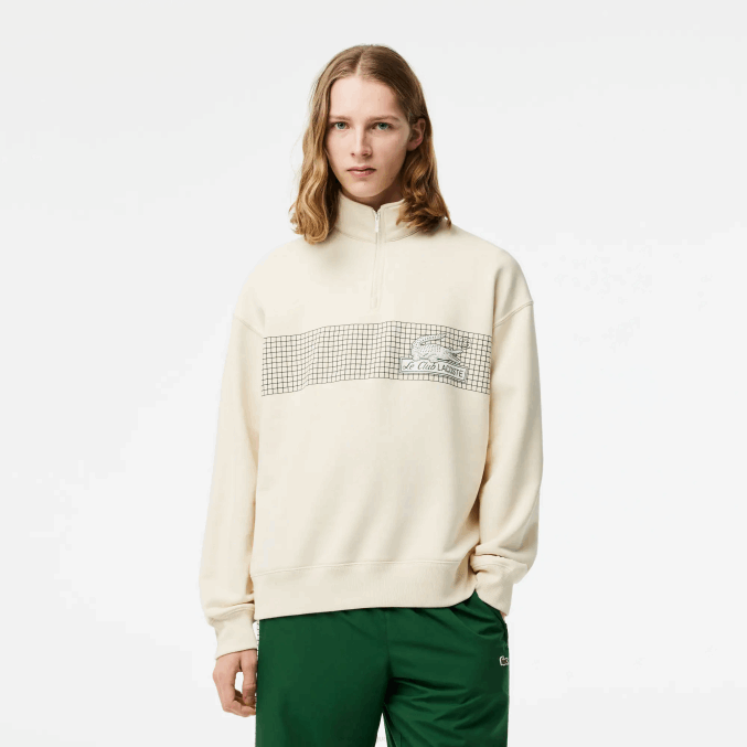 xfj blanco VVL0A282 hombres Lacoste sudadera holgada de algodón orgánico con cremallera en el cuello