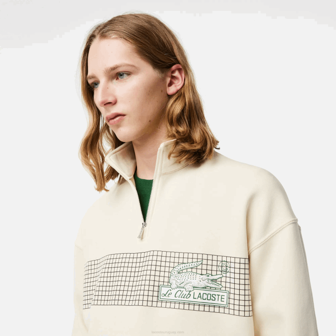 xfj blanco VVL0A282 hombres Lacoste sudadera holgada de algodón orgánico con cremallera en el cuello