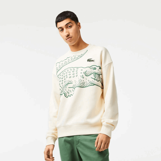 xfj blanco VVL0A360 hombres Lacoste sudadera holgada con cuello redondo y estampado de cocodrilo