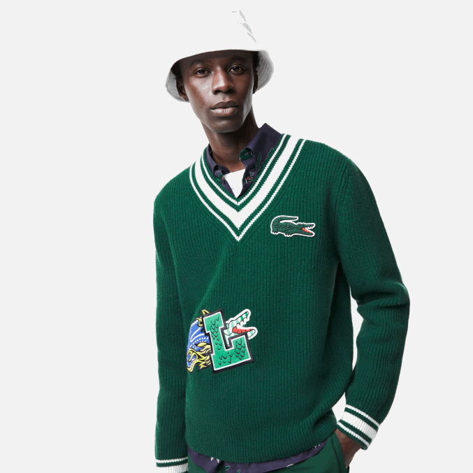 año blanco verde VVL0A1379 hombres Lacoste suéter con insignia de cómic