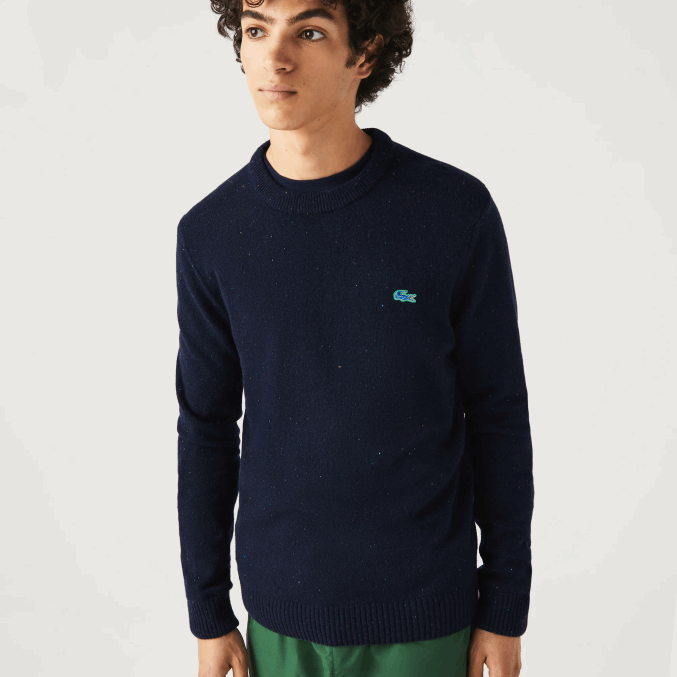 azul marino 7cg VVL0A1507 hombres Lacoste suéter de corte regular en jersey de lana con estampado jaspeado