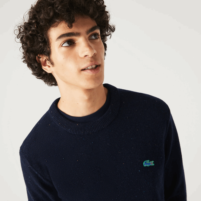 azul marino 7cg VVL0A1507 hombres Lacoste suéter de corte regular en jersey de lana con estampado jaspeado