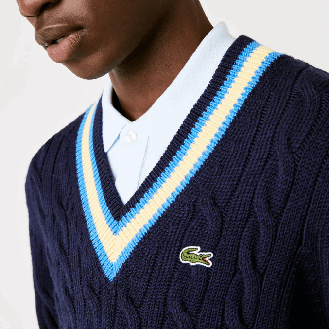 azul marino amarillo azul 7kz VVL0A1517 hombres Lacoste suéter de corte clásico con rayas en contraste
