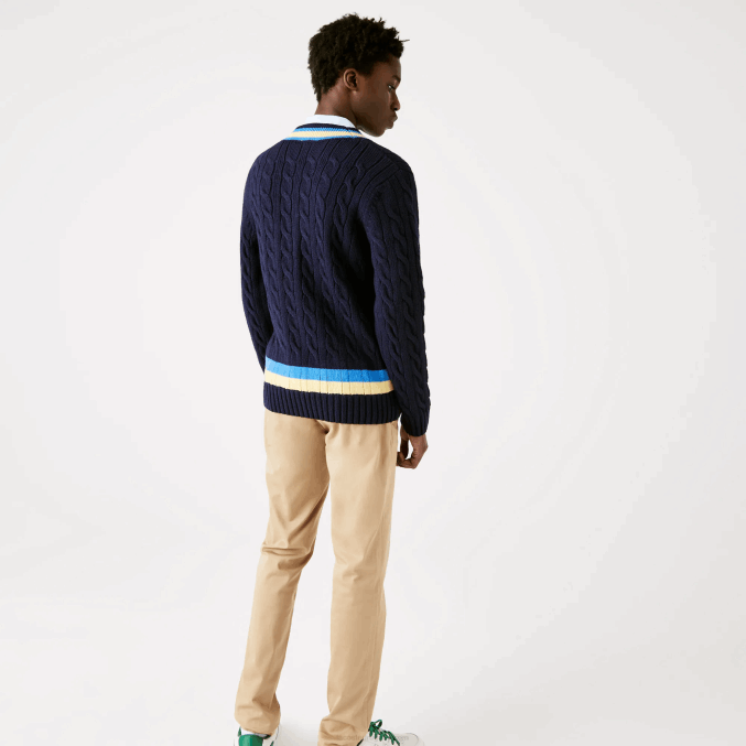 azul marino amarillo azul 7kz VVL0A1517 hombres Lacoste suéter de corte clásico con rayas en contraste