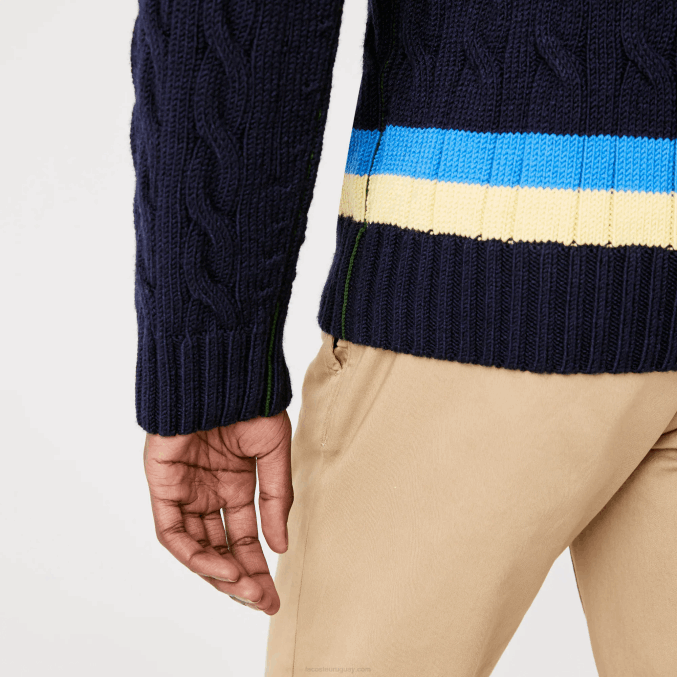 azul marino amarillo azul 7kz VVL0A1517 hombres Lacoste suéter de corte clásico con rayas en contraste