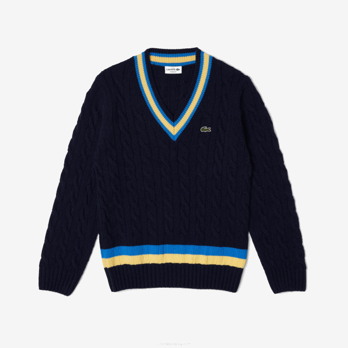 azul marino amarillo azul 7kz VVL0A1517 hombres Lacoste suéter de corte clásico con rayas en contraste