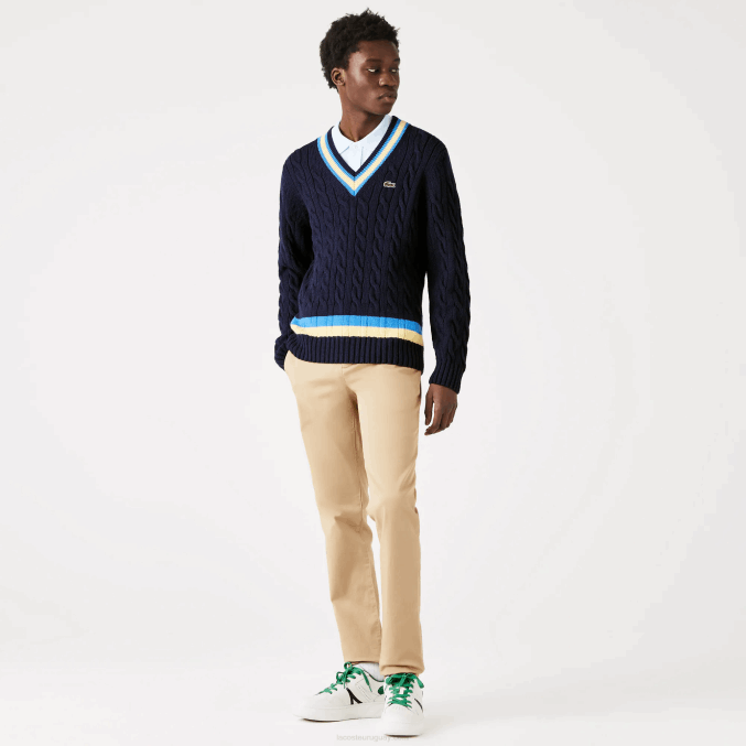 azul marino amarillo azul 7kz VVL0A1517 hombres Lacoste suéter de corte clásico con rayas en contraste