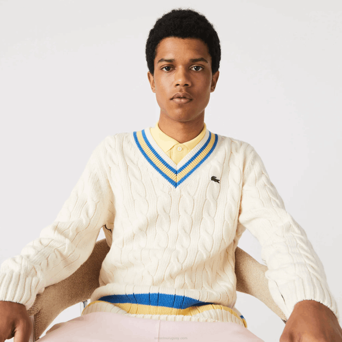 blanco amarillo azul 7mz VVL0A1518 hombres Lacoste suéter de corte clásico con rayas en contraste