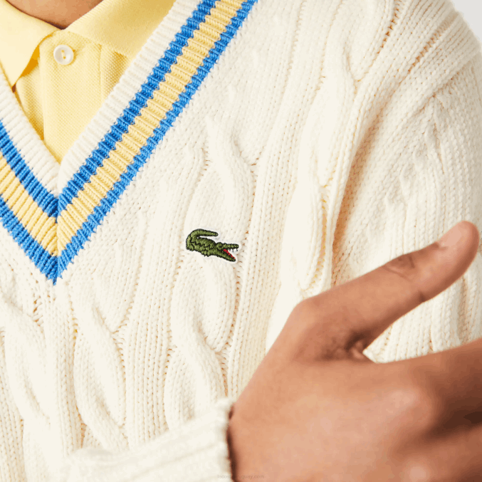 blanco amarillo azul 7mz VVL0A1518 hombres Lacoste suéter de corte clásico con rayas en contraste