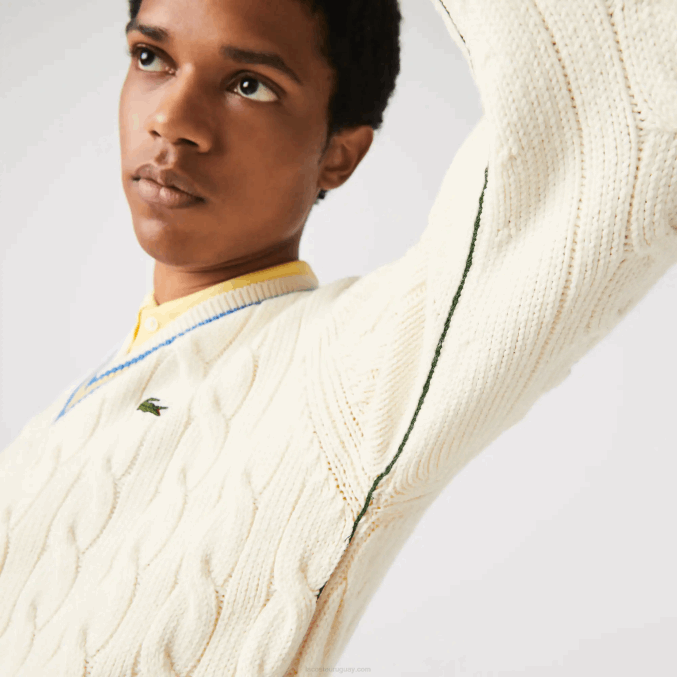 blanco amarillo azul 7mz VVL0A1518 hombres Lacoste suéter de corte clásico con rayas en contraste
