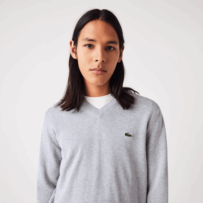 lomo gris cca VVL0A1568 hombres Lacoste jersey de algodón orgánico con cuello de pico