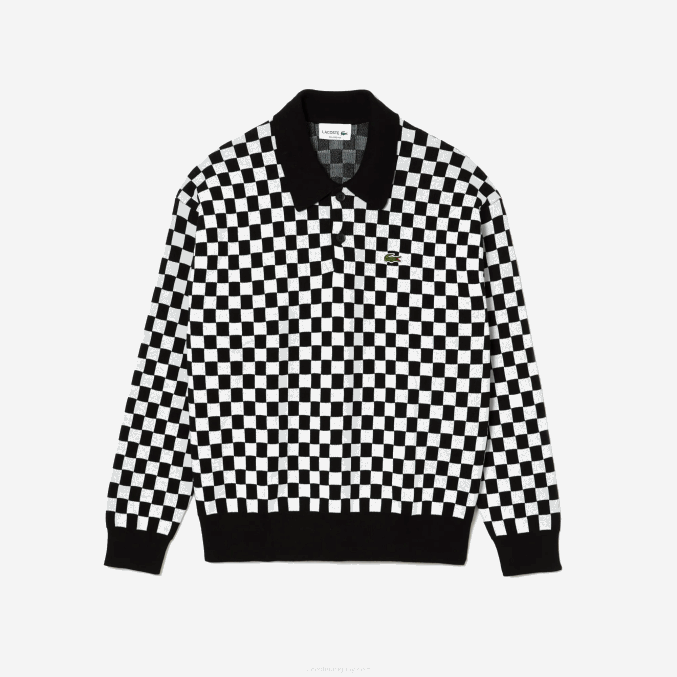 negro blanco 9m0 VVL0A1590 hombres Lacoste suéter de cuadros Heritage de corte holgado