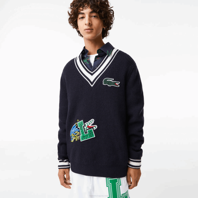 negro/blanco hhh VVL0A1378 hombres Lacoste suéter con insignia de cómic