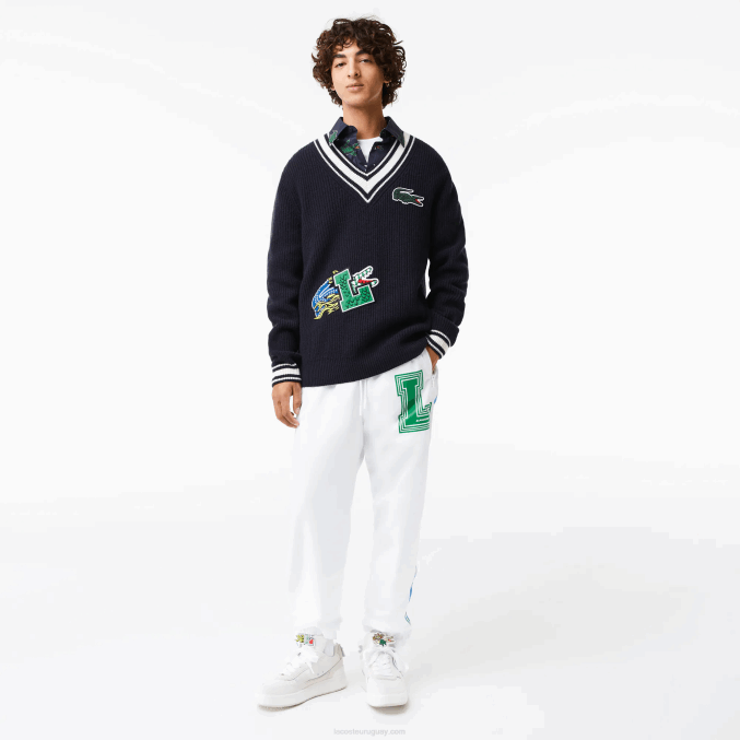 negro/blanco hhh VVL0A1378 hombres Lacoste suéter con insignia de cómic