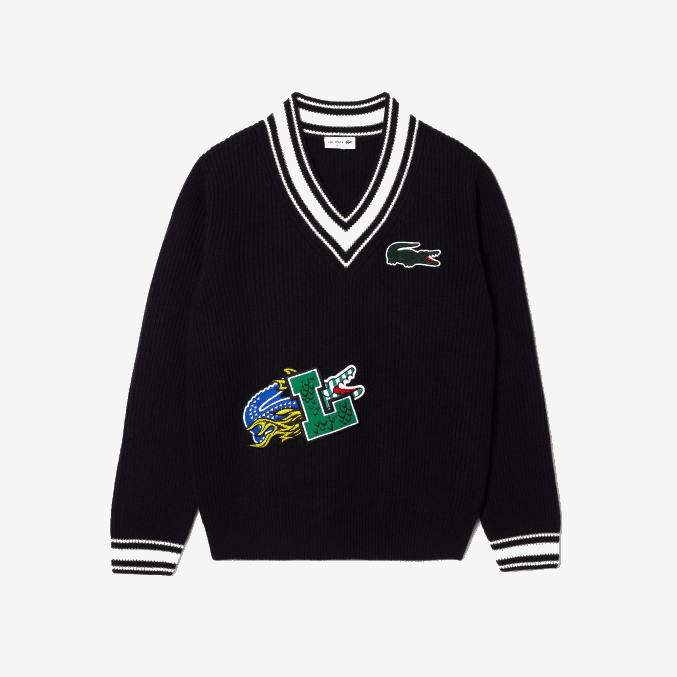 negro/blanco hhh VVL0A1378 hombres Lacoste suéter con insignia de cómic