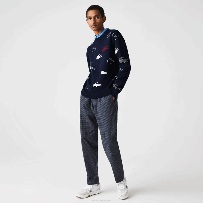 negro/blanco hhh VVL0A1629 hombres Lacoste jersey de jacquard de algodón orgánico con cuello redondo hecho en Francia