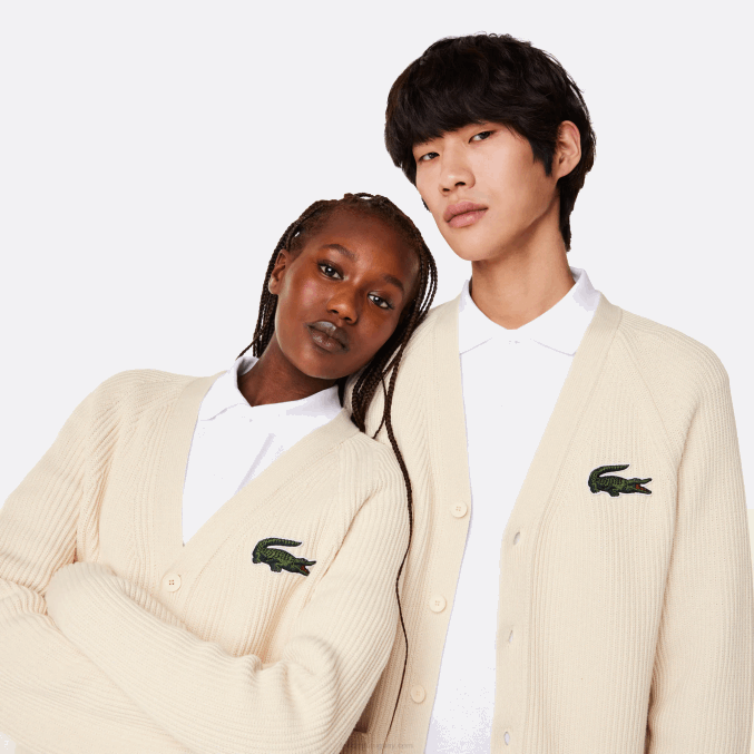 xfj blanco VVL0A492 hombres Lacoste cárdigan de algodón orgánico con cuello de pico