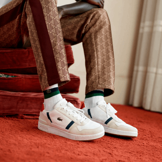 blanco/azul marino y rojo 407 VVL0A1836 hombres Lacoste zapatillas t-clip tricolor de piel y ante