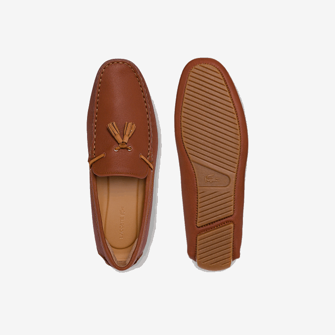 chicle marrón 524 VVL0A1843 hombres Lacoste mocasín piloto de piel con borlas grabadas