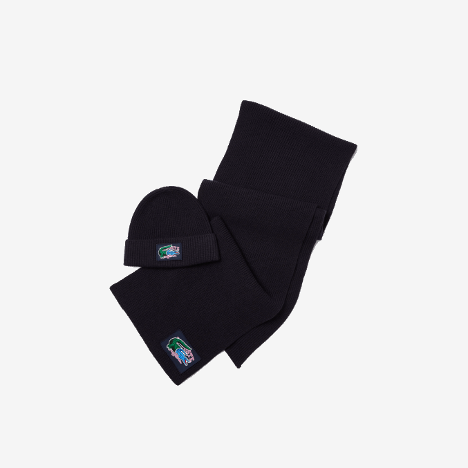 azul marino 166 VVL0A1691 mujer Lacoste set de regalo de gorro y bufanda de lana acanalada
