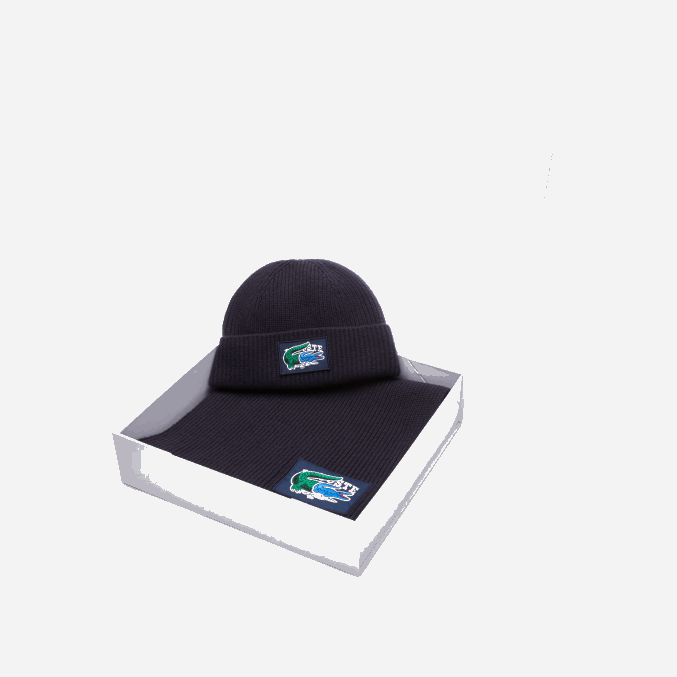 azul marino 166 VVL0A1691 mujer Lacoste set de regalo de gorro y bufanda de lana acanalada