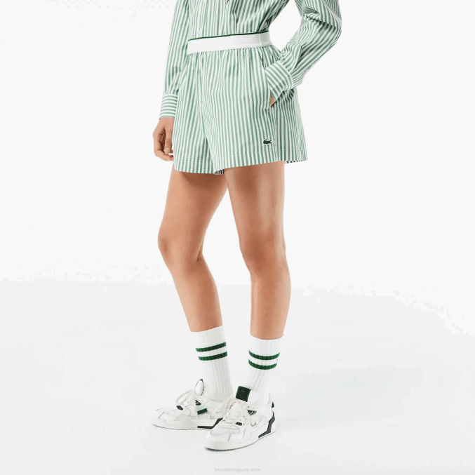blanco caqui verde vi4 VVL0A2455 mujer Lacoste shorts de popelina de algodón a rayas