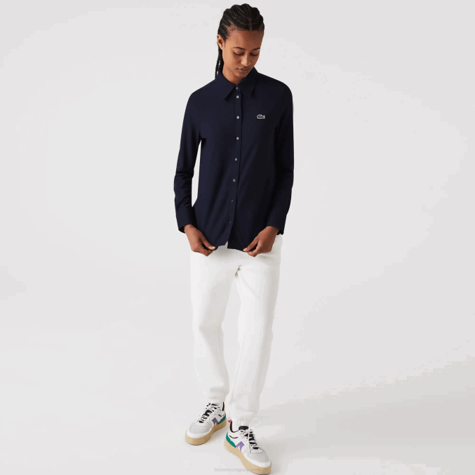 azul marino 166 VVL0A2649 mujer Lacoste camisa de piqué de algodón con cuello francés