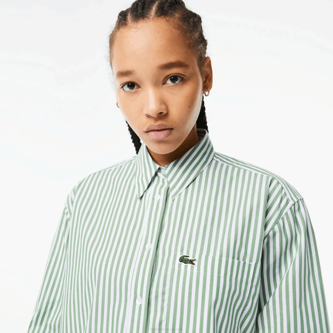 blanco caqui verde vi4 VVL0A2448 mujer Lacoste camisa de popelina de algodón a rayas