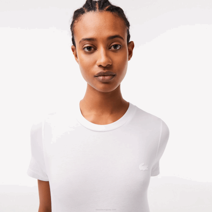 blanco 001 VVL0A2563 mujer Lacoste camiseta de mezcla de algodón con cuello redondo