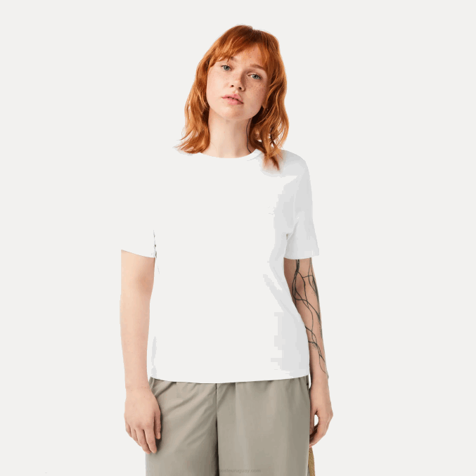 blanco 001 VVL0A2563 mujer Lacoste camiseta de mezcla de algodón con cuello redondo