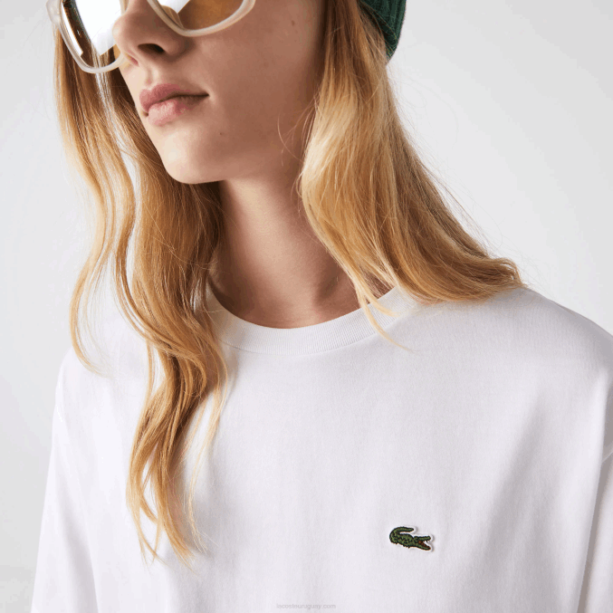 blanco 001 VVL0A2590 mujer Lacoste playera de algodón premium con cuello redondo